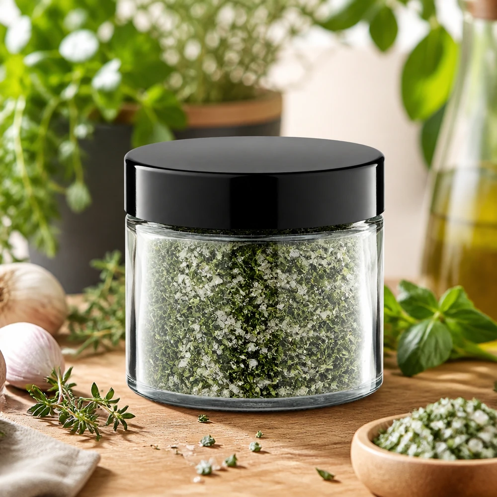 Pomysł na przyprawy: szklany słoik 30 ml przezroczysty z zakrętką Okrągły szklany słoiczek o pojemności 30 ml, wypełniony solą ziołową, z matową, czarną zakrętką