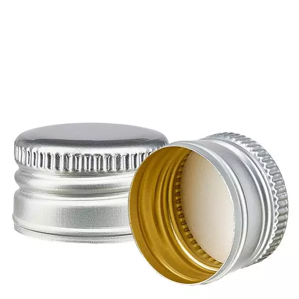 Srebrna aluminiowa zakrętka w standardzie PP28 ApoGlas. Jakość farmaceutyczna. Gwint 28 mm. Np. do butelek na leki ApoGlas® Euro.