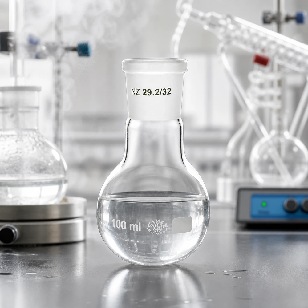 Kolba 100 ml ze standardowym szlifowanym złączem (29/32) Kompaktowa kolba laboratoryjna 100 ml z okrągłym dnem i szlifowanym złączem NS 29/32 do procesów destylacji