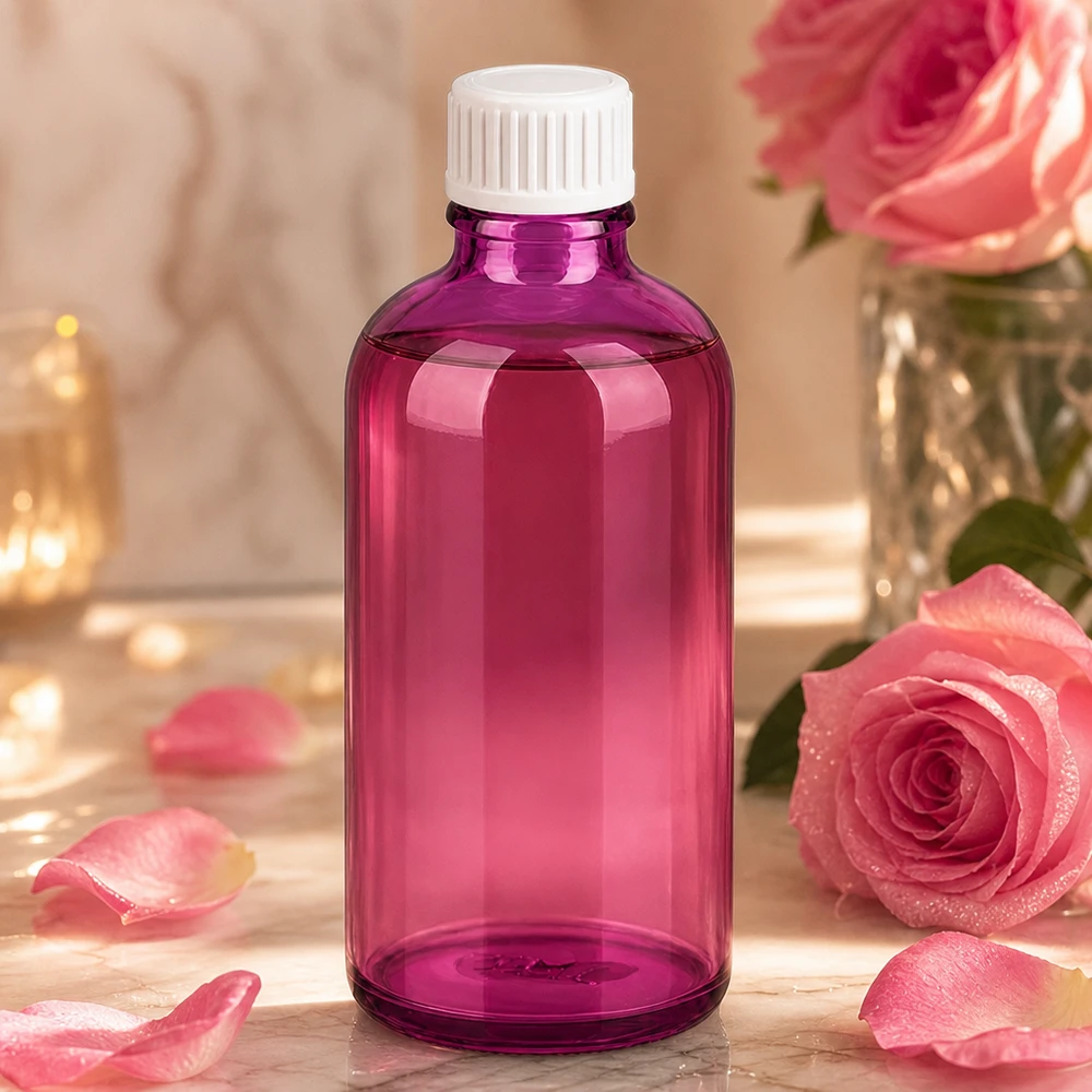 Butelka 100 ml (kuleczka) z pierścieniem nalewowym 3 mm, biała Standard PurpleLine. UT18/100 Fioletowa szklana butelka 100 ml z białą nakrętką do aromaterapii i kosmetyków naturalnych