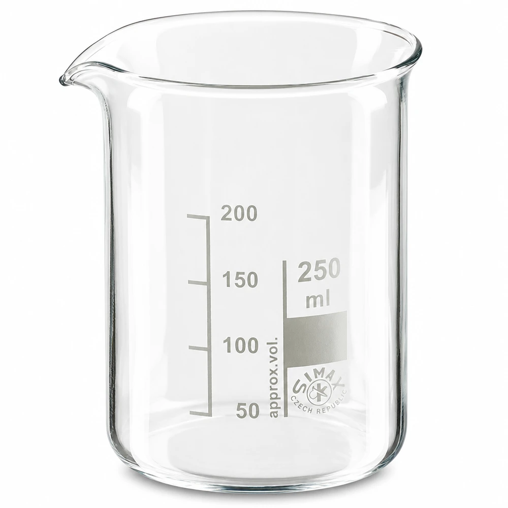 Zlewka 250 ml ze szkła borokrzemowego, niski kształt Zlewka laboratoryjna o pojemności 250 ml wykonana ze szkła borokrzemowego z precyzyjną podziałką mililitrową