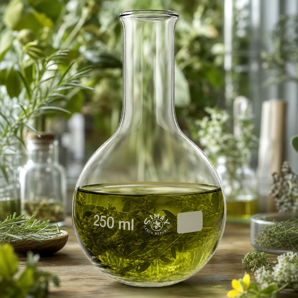 Przezroczysta szklana kolba 250 ml z zielonym naparem ziołowym i wąską szyjką do ekstraktów botanicznych