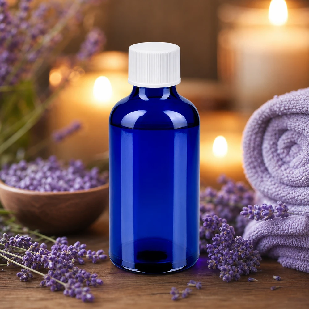 Butelka 50 ml 11 mm SV biała STD BlueLine UT18/50 Wysokiej jakości niebieska szklana butelka 50 ml z białą plastikową nakrętką do aromaterapii