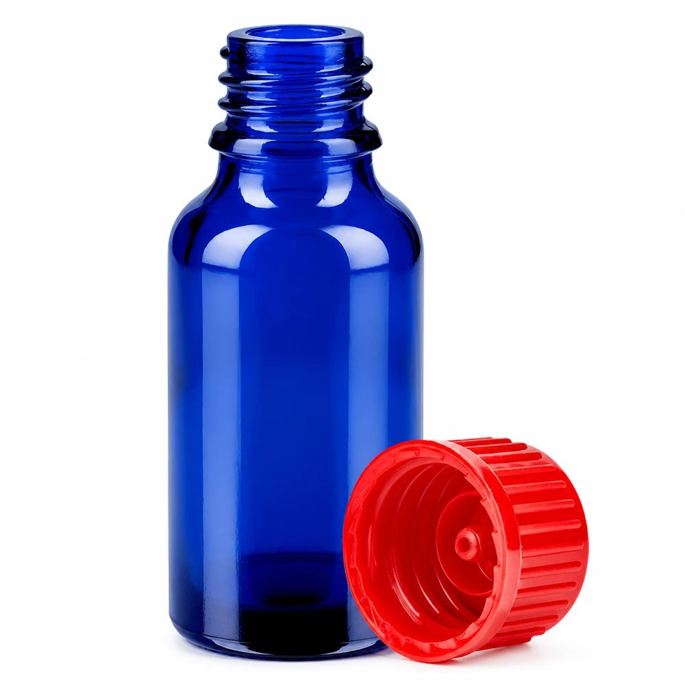 Butelka 20 ml 11 mm SV czerwony STD BlueLine UT18/20 20 ml szklana butelka w kolorze kobaltowego błękitu z czerwoną zakrętką o średnicy 11 mm do precyzyjnego dozowania płynów