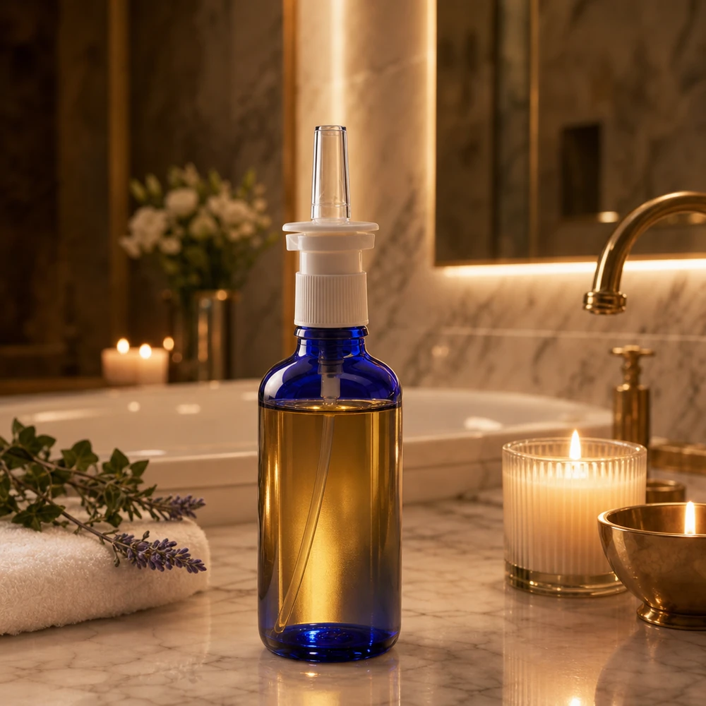 Butelka z aerozolem do nosa o pojemności 50 ml w kolorze kobaltowym ze złotą zawartością na tle marmuru w atmosferze spa