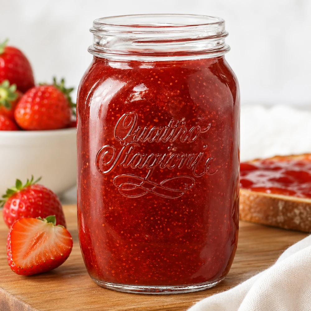 Słoik gospodarczy 1000 ml „Quattro Stagioni” Słoik Quattro Stagioni 1000 ml wypełniony dżemem z czerwonych truskawek obok świeżych truskawek na drewnianej desce