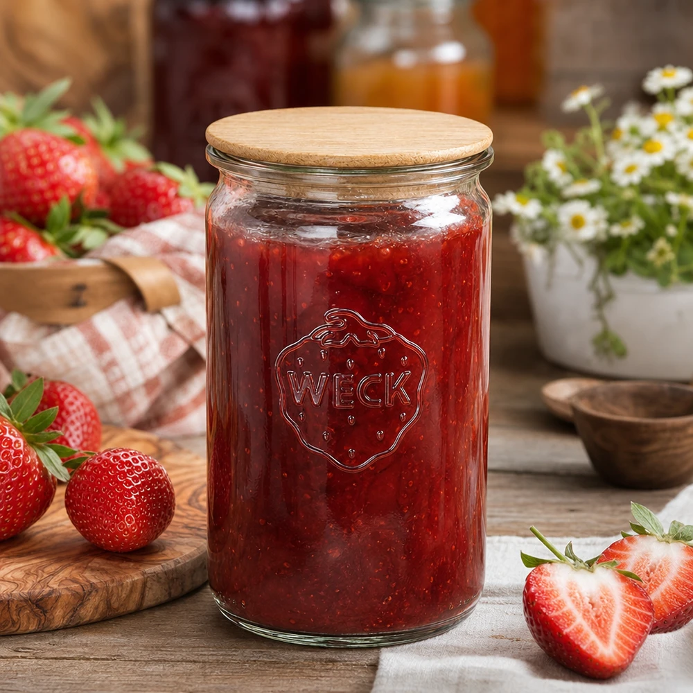Słoik WECK 340 ml wypełniony dżemem truskawkowym obok świeżych truskawek na rustykalnym drewnianym stole