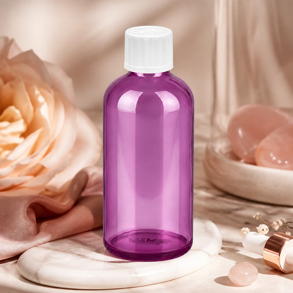 Kompaktowa szklana butelka 100 ml z precyzyjnym zakraplaczem 1,2 mm w eleganckim fioletowym kolorze do produktów kosmetycznych