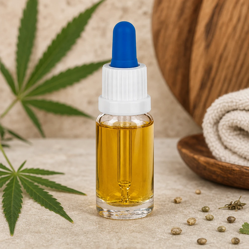 10 ml buteleczka z pipetą ze szkła przezroczystego, zawierająca olej CBD, a także liście konopi i nasiona konopi