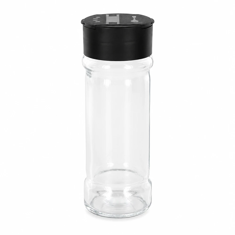 Słoik na sól/przyprawy 100 ml z podwójną dozownicą, czarny Pusty słoik na przyprawy o pojemności 100 ml, wykonany z przezroczystego szkła, z czarną pokrywką z podwójnym dozownikiem