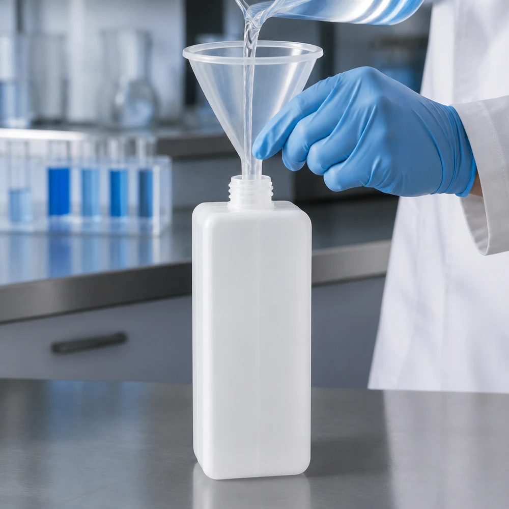 Laborant napełnia za pomocą lejka płyn do białej butelki na chemikalia z polietylenu o wysokiej gęstości (PE-HD) o pojemności 1000 ml, z wąską szyjką i gwintem GL 32