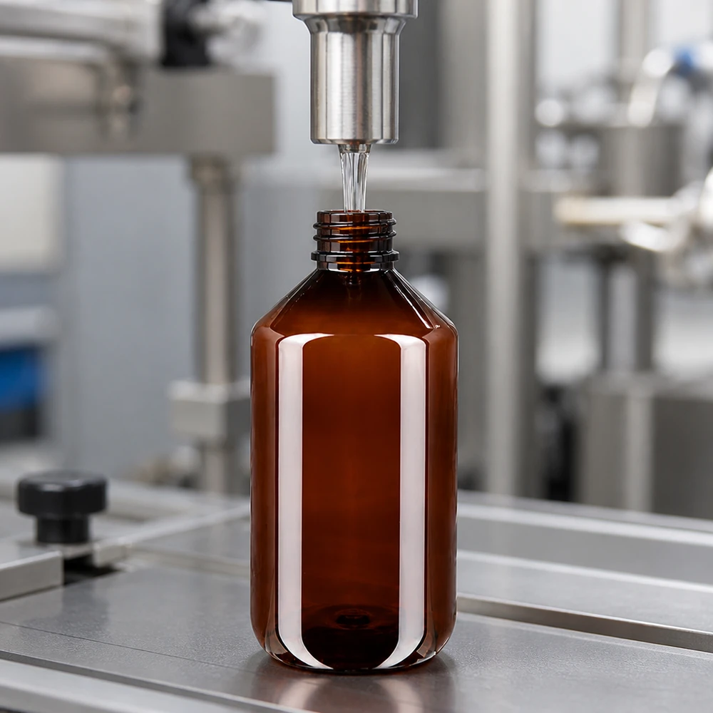 Butelka PET 500 ml z niebieską nakrętką OV Przezroczysta okrągła butelka z PET o pojemności 500 ml w kolorze bursztynowym jest napełniana przemysłowo