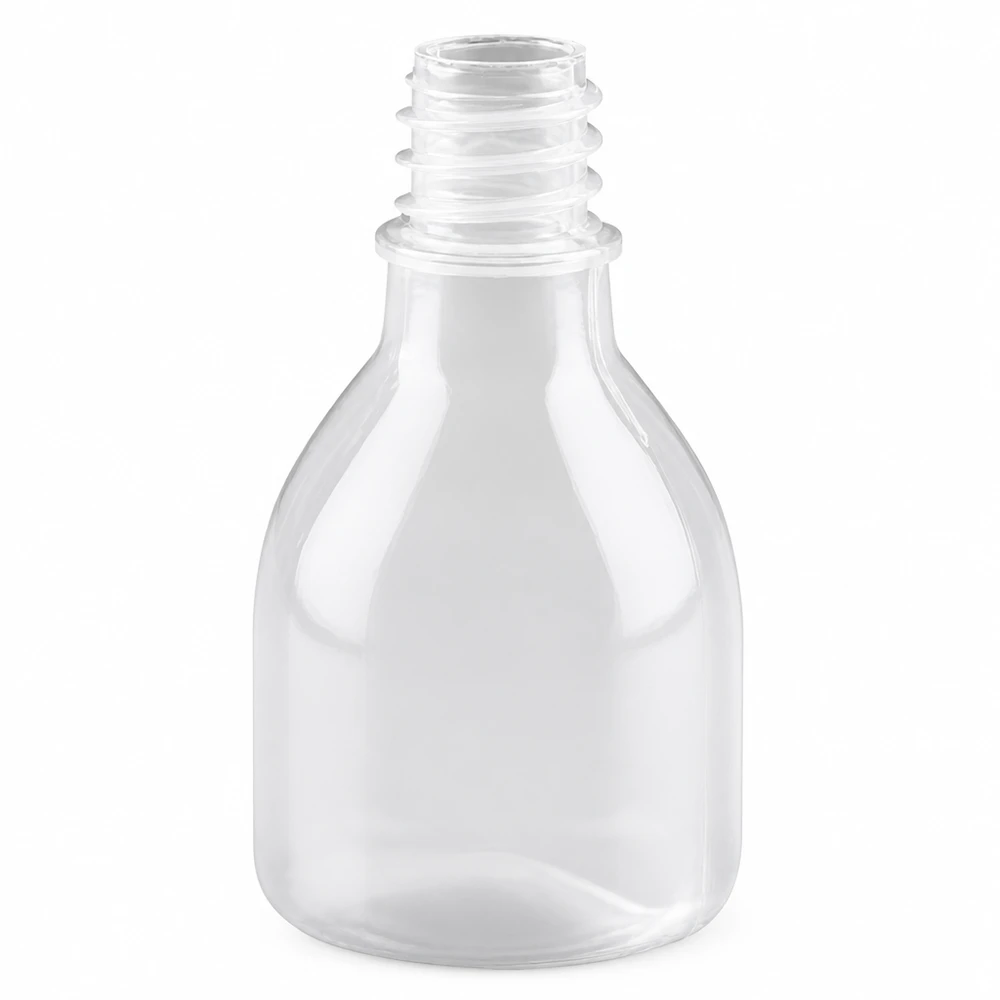 20 ml przezroczysta butelka laboratoryjna z wąską szyjką, wykonana z tworzywa sztucznego, bez zamknięcia, przeznaczona do zastosowań laboratoryjnych i badawczych
