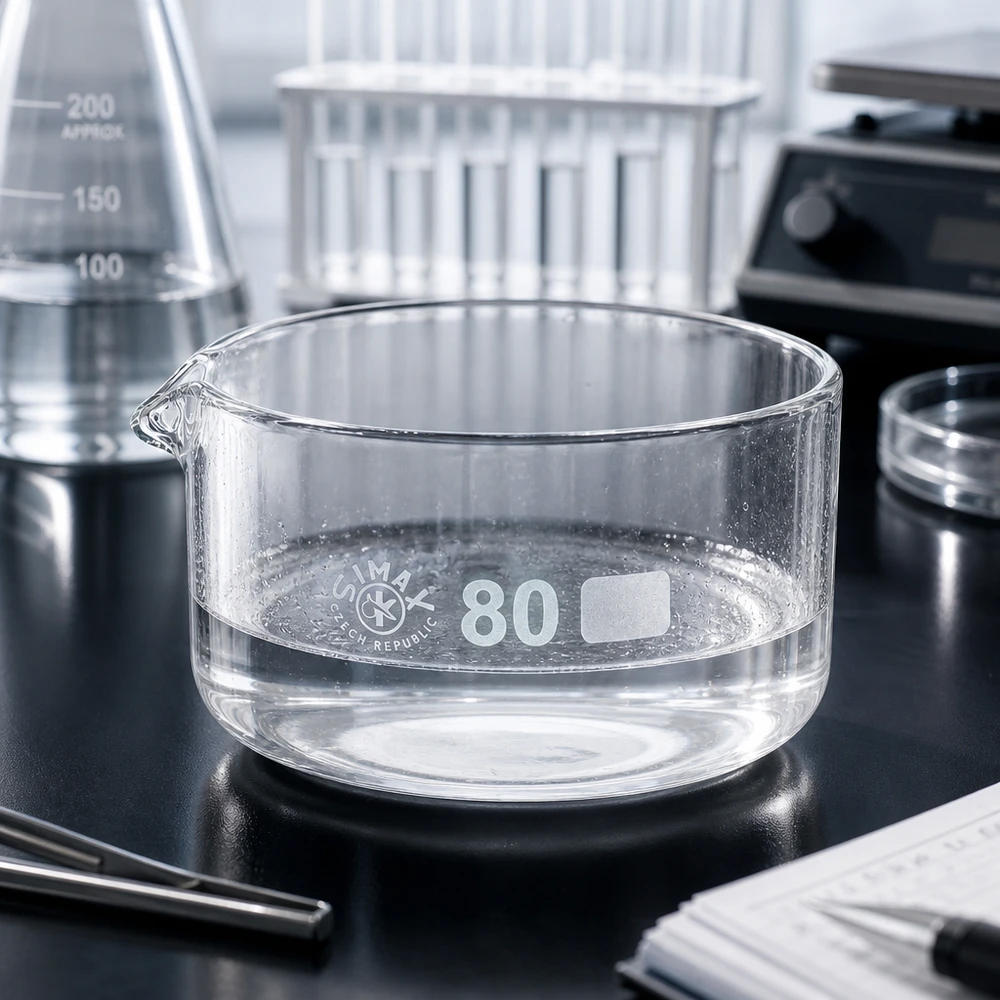 Przezroczysta miska krystalizacyjna o pojemności 150 ml z wylewką, na czarnej podstawie laboratoryjnej o średnicy 80 mm, SIMAX
