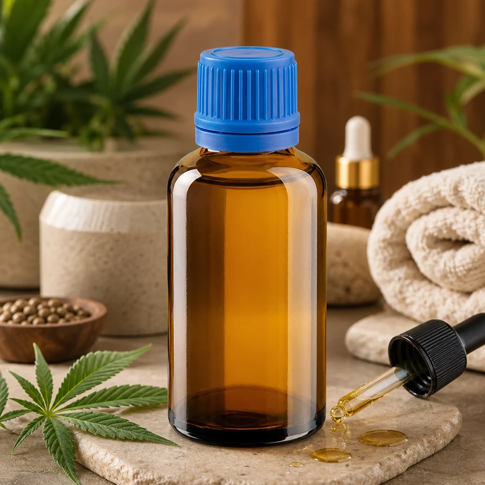 Butelka 50 ml 11 mm SV niebieski OV BrownLine UT18/50 Kompaktowa szklana butelka o pojemności 50 ml w kolorze brązowym z niebieską nakrętką do zastosowań aromaterapeutycznych