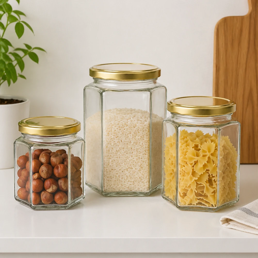 500g Honigglas mit goldenem Deckel BasicSeal UNiTWIST Trzy 500g słoiki na miód BasicSeal różne rozmiary wypełnione złotymi pokrywkami Orzechy Ryż Makaron Przechowywanie