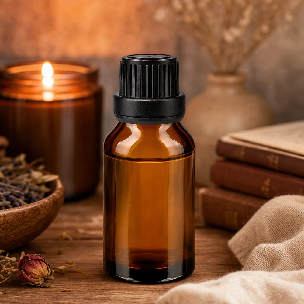 Butelka aptekarska do aromaterapii, 15 ml, z brązowego szkła z czarną zakrętką, przeznaczona do olejków eterycznych