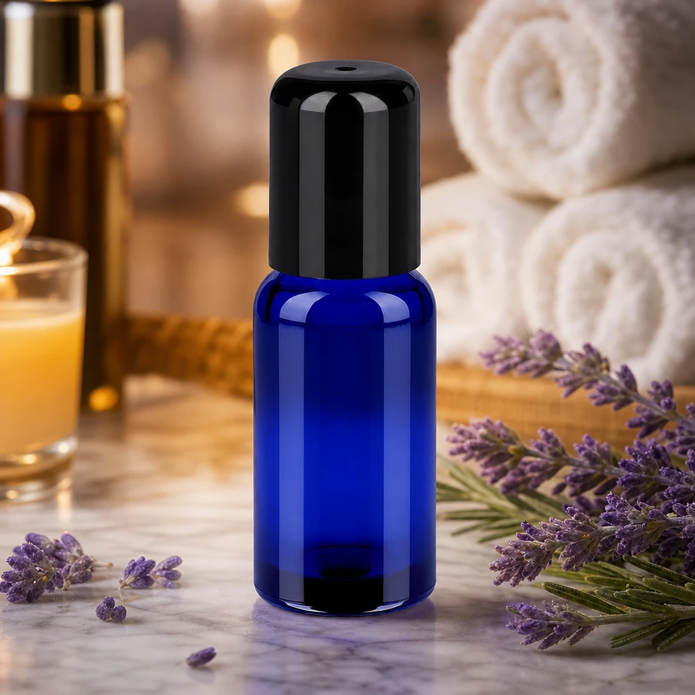 Butelka roll-on 20 ml czarna STD BlueLine UT18/20 20 ml szklana butelka z aplikatorem roll-on w intensywnym niebieskim kolorze do aromaterapii i olejków zapachowych