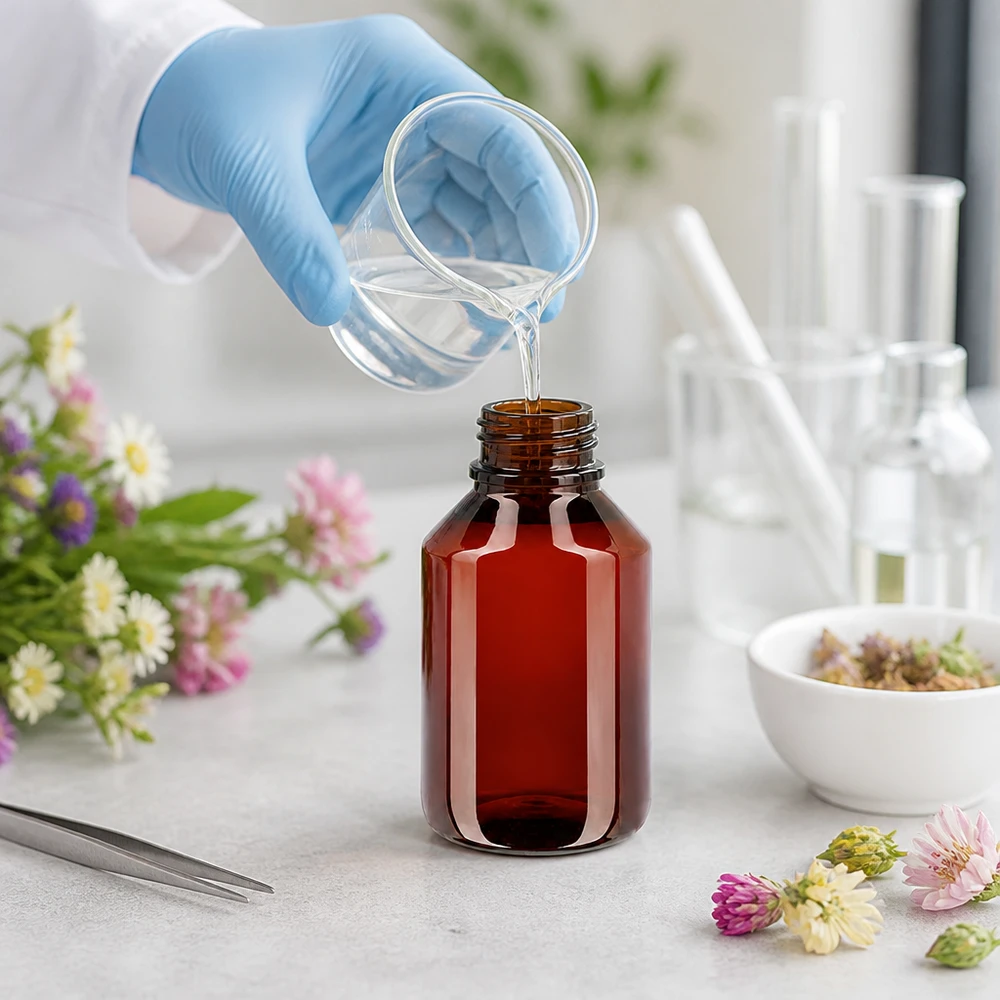 Butelka PET o pojemności 50 ml w kolorze bursztynowym z białym zamknięciem na zatrzask, przeznaczona do kosmetyków naturalnych i ekstraktów ziołowych