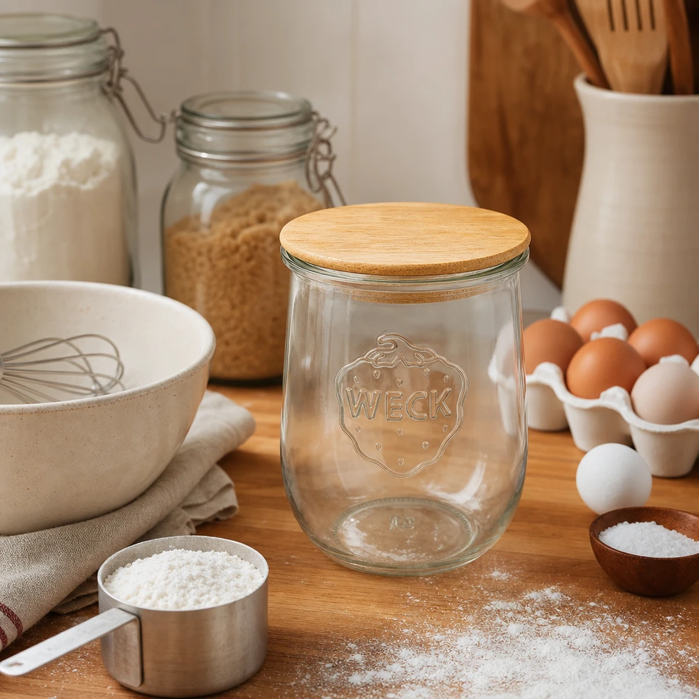 WECK słoik tulipan RR100 1062ml pusty z drewnianą pokrywką w rustykalnej kuchni między składnikami do pieczenia jajka mąka przybory kuchenne