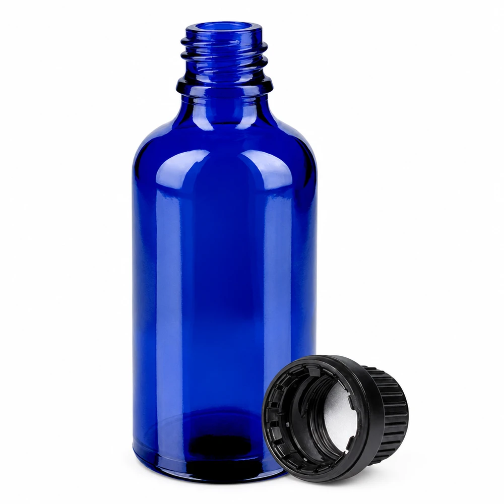 Butelka 50 ml 11 mm SV czarna OV BlueLine UT18/50 Szklana butelka BlueLine o pojemności 50 ml z gwintem 11 mm i czarną nakrętką z zabezpieczeniem przed manipulacją UT18/50