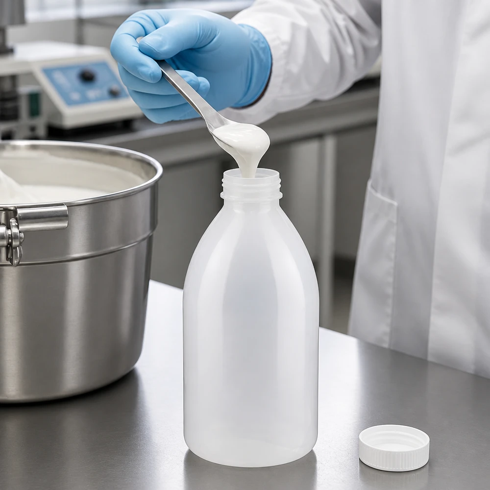 Butelka zakręcana 1000 ml, butelka laboratoryjna z wąską szyjką Schutzhandschuh hält Spatel über geöffnete 1000ml Enghals Flasche mit Schraubverschluss
