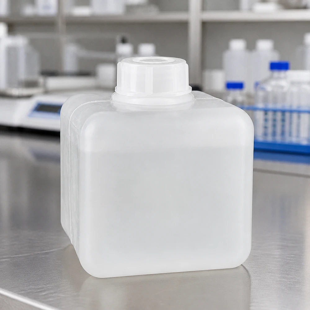 Butelka na chemikalia 500 ml, wąska szyjka z PE-HD, kolor naturalny Butelka na chemikalia z PE-HD o pojemności 500 ml, z wąską szyjką, w kolorze naturalnym, na stole ze stali nierdzewnej w laboratorium