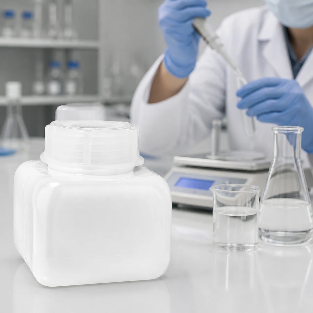 Butelka z szeroką szyjką z PE-HD o pojemności 250 ml w kolorze naturalnym obok kolby Erlenmeyera i zlewki w środowisku laboratoryjnym