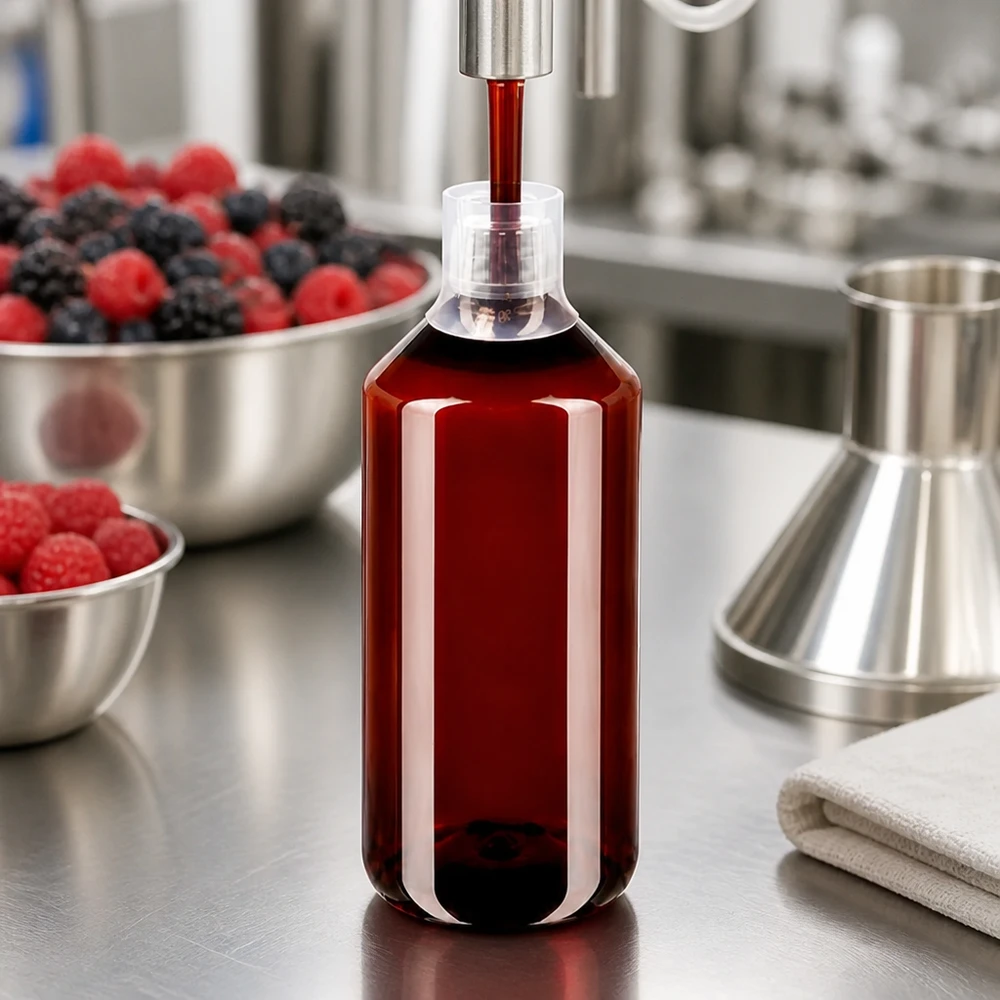 Butelka PET 1000ml z białą nakrętką OV + kubek. PET Vorratsflasche 1000ml für Gastro mit rotem Fruchtsirup und Edelstahl Messbecher