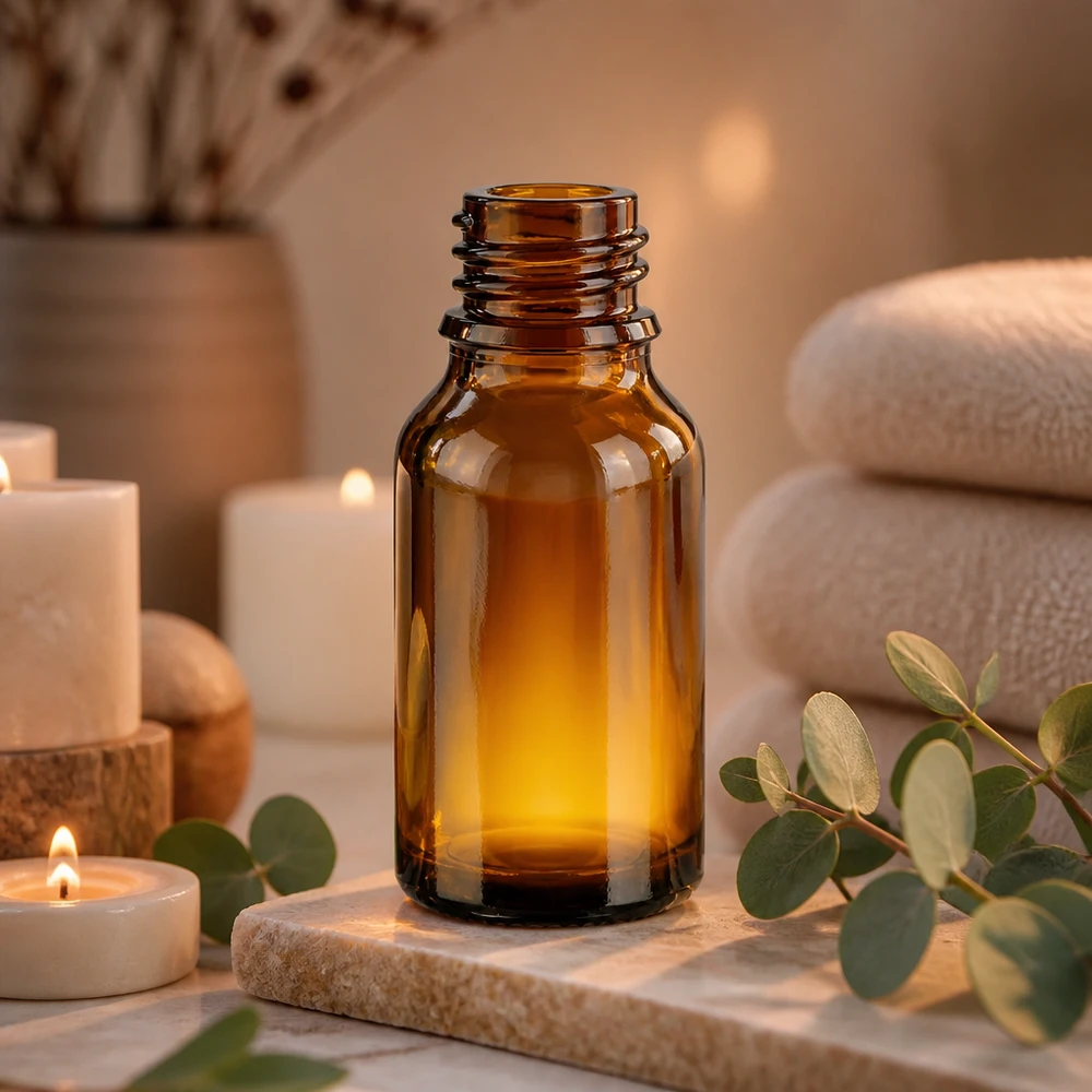 Butelka z zakraplaczem 30 ml DIN 18 bursztynowe szkło HIGH SHAPE 30 ml brązowa butelka apteczna ApoGlas wysoki kształt oprawa wellness z gałązkami eukaliptusa świece kolekcja kamieni