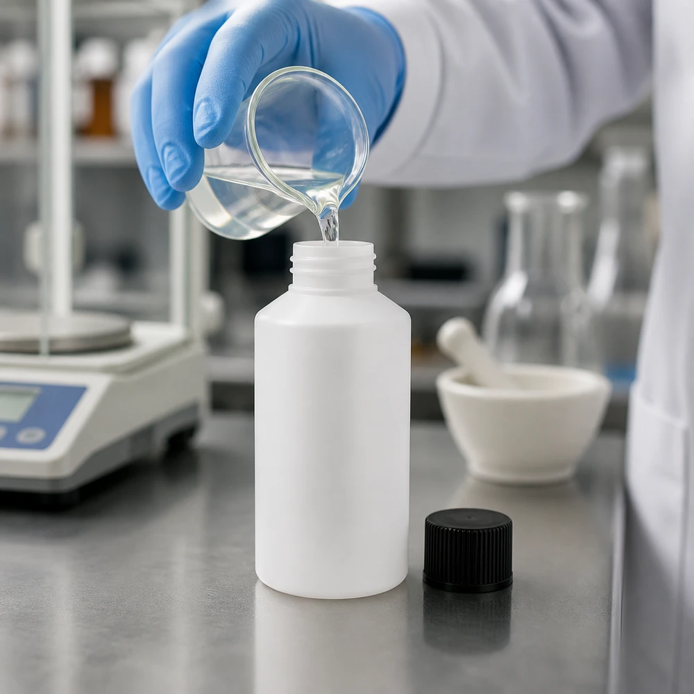 Butelka apteczna z HDPE o pojemności 50 ml, w kolorze białym, z czarną nakrętką zabezpieczoną przed dziećmi, przeznaczona do przechowywania substancji chemicznych