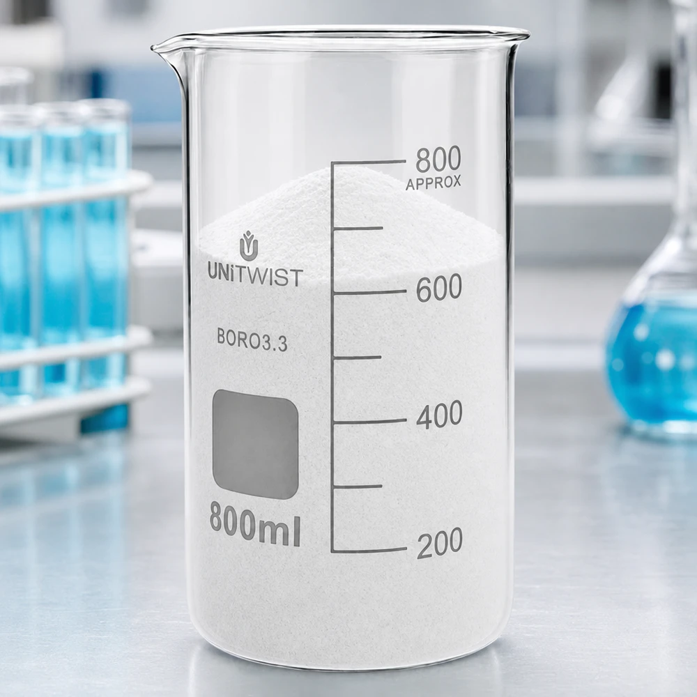 Szklanka UNITWIST o pojemności 800 ml, wysoka, wypełniona białym proszkiem, stojąca na stole laboratoryjnym z borokrzemianu