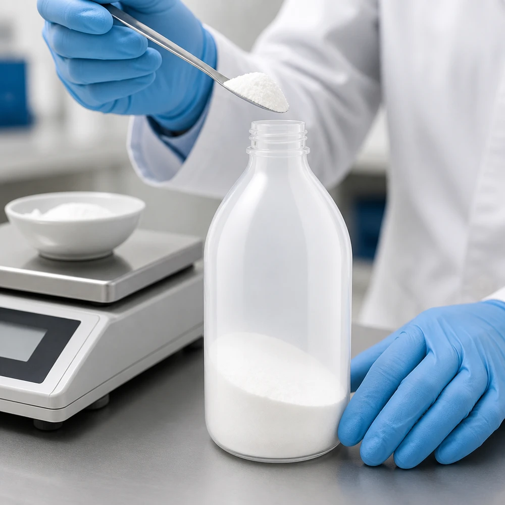 Butelka laboratoryjna 500 ml z wąską szyjką bez zakrętki Butelka laboratoryjna o pojemności 500 ml z wąską szyjką, bez zamknięcia, wypełniona białym proszkiem w warunkach laboratoryjnych