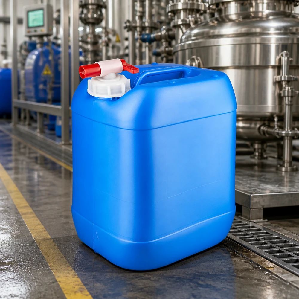 Kanister 20 litrów niebieski z kranikiem Kanister przemysłowy o pojemności 20 litrów, niebieski, z kranikiem, wykonany z tworzywa HDPE, stosowany w zakładzie produkcji chemicznej