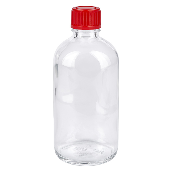 Butelka 100 ml 11 mm SV czerwona STD ClearLine UT18/100 Butelka ze szkła przezroczystego o pojemności 100 ml z czerwoną zakrętką 11 mm – butelka medyczna ClearLine UT18/100