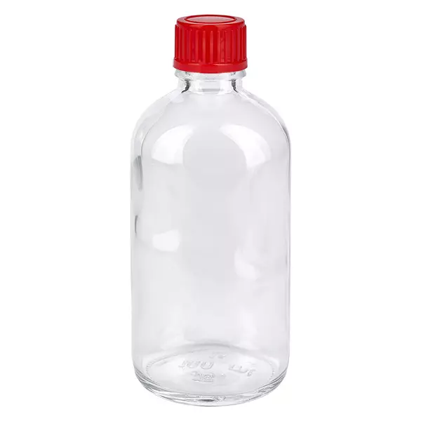 Butelka 100 ml 11 mm SV czerwona STD ClearLine UT18/100 Butelka ze szkła przezroczystego o pojemności 100 ml z czerwoną zakrętką 11 mm – butelka medyczna ClearLine UT18/100