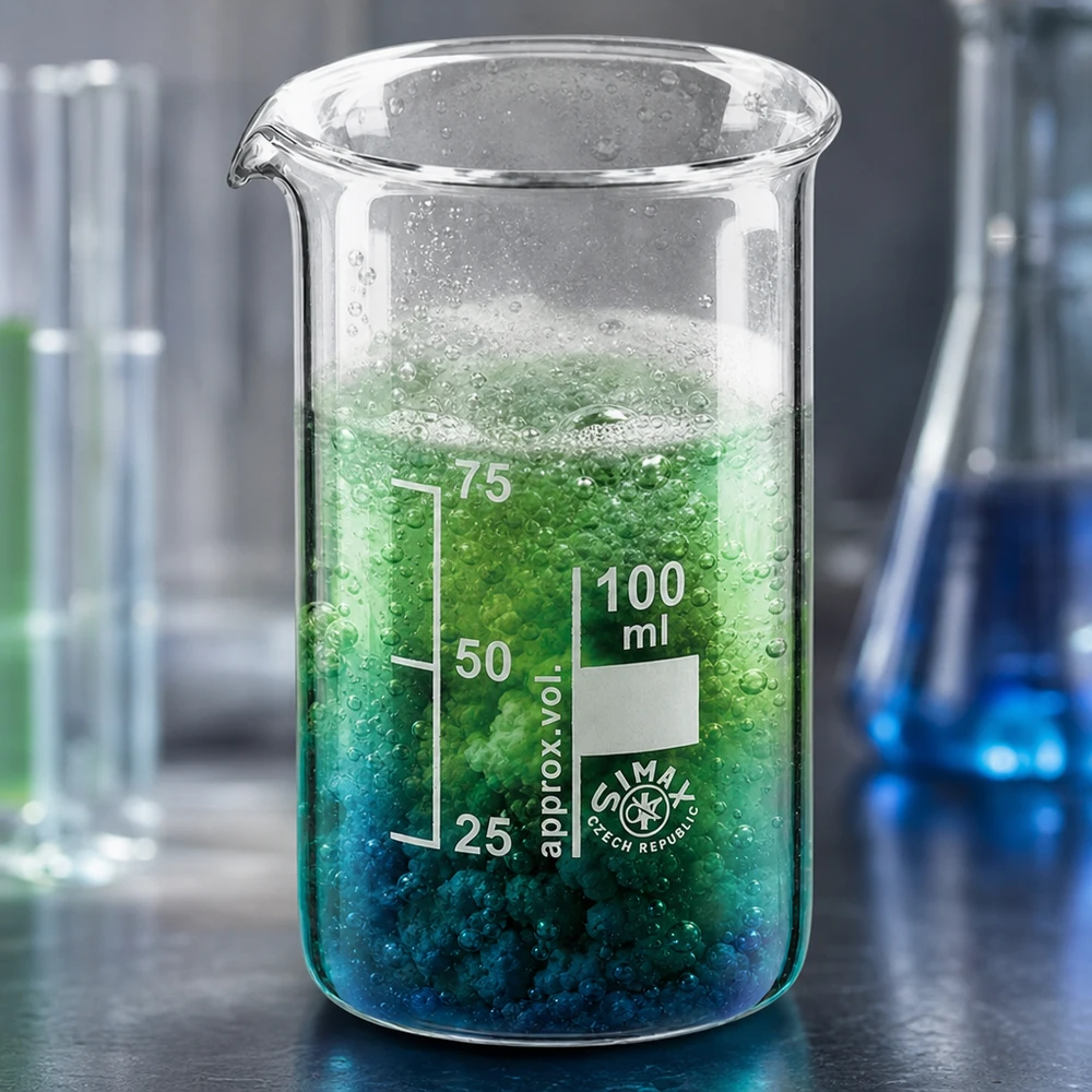 Zlewka 100 ml ze szkła borokrzemowego, wysoka Reagująca zielona mieszanina w zlewce Simax o pojemności 100 ml i wysokim profilu, z tworzeniem się pęcherzyków
