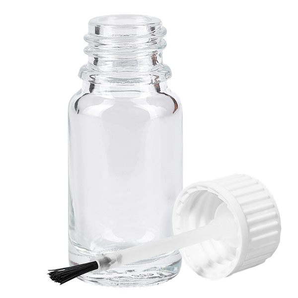 Butelka z pędzelkiem 10 ml biała STD ClearLine UT18/10 Pusta buteleczka z pędzelkiem o pojemności 10 ml, wykonana z przezroczystego szkła, z białą nakrętką i pędzelkiem do precyzyjnego nakładania płynów