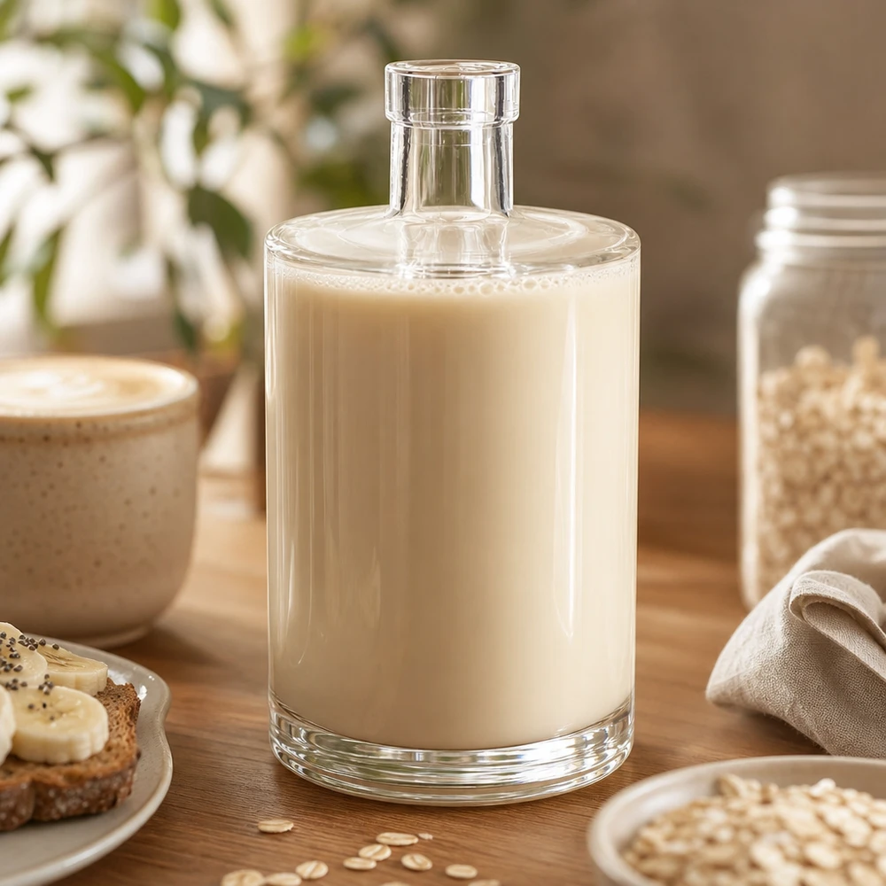 Szklana butelka Marie 700 ml bez zamknięcia UNiTWIST® 700 ml szklana butelka Marie wypełniona mlekiem owsianym na drewnianym stole obok miski z płatkami owsianymi w kuchni