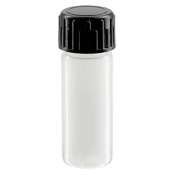 Butelka na pr&#243;bki 5 ml wykonana z PE-LD, naturalna, z czarn&#261; zakr&#281;tk&#261;