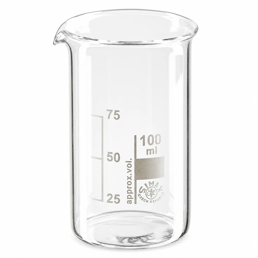 Zlewka 100 ml ze szkła borokrzemowego, wysoka Szklanka o pojemności 100 ml, wysoka, wykonana z przezroczystego szkła borokrzemowego, z podziałką i wylewką