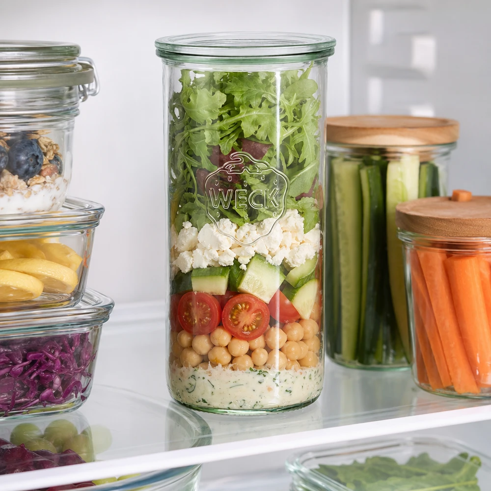 Pojemniki WECK 1500 ml RR100 w lodówce wypełnione warstwową sałatką pomiędzy innymi słoikami do przechowywania Meal Prep.