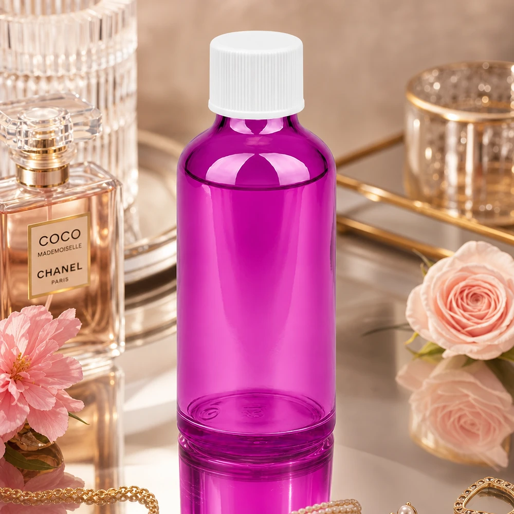 Elegancka butelka 50 ml z wzorem Purple Line i białą nakrętką do luksusowej pielęgnacji skóry