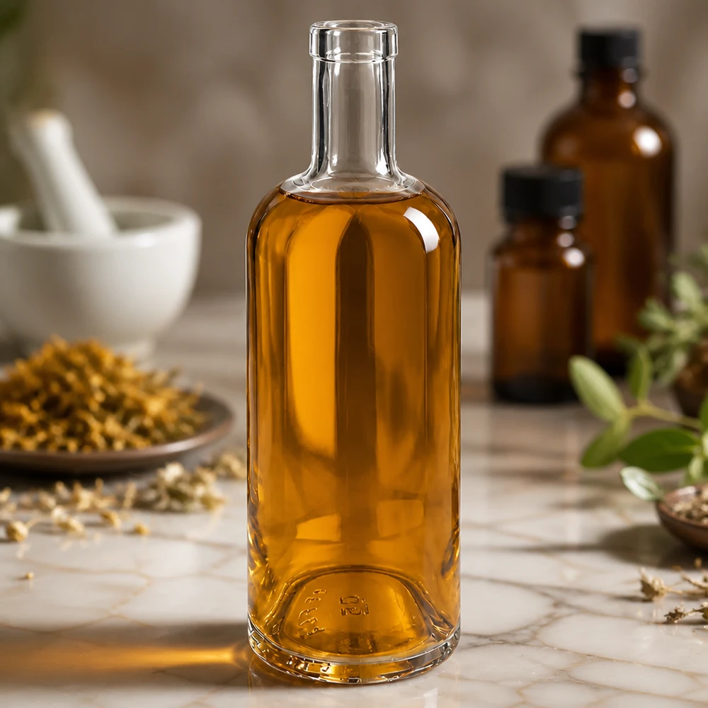Szklana butelka 750 ml Emma bez zamknięcia UNiTWIST® 750ml Glasflasche Emma mit goldbraunem Inhalt in apotheker-ähnlicher Umgebung mit Kräutern und Mörser dekoriert