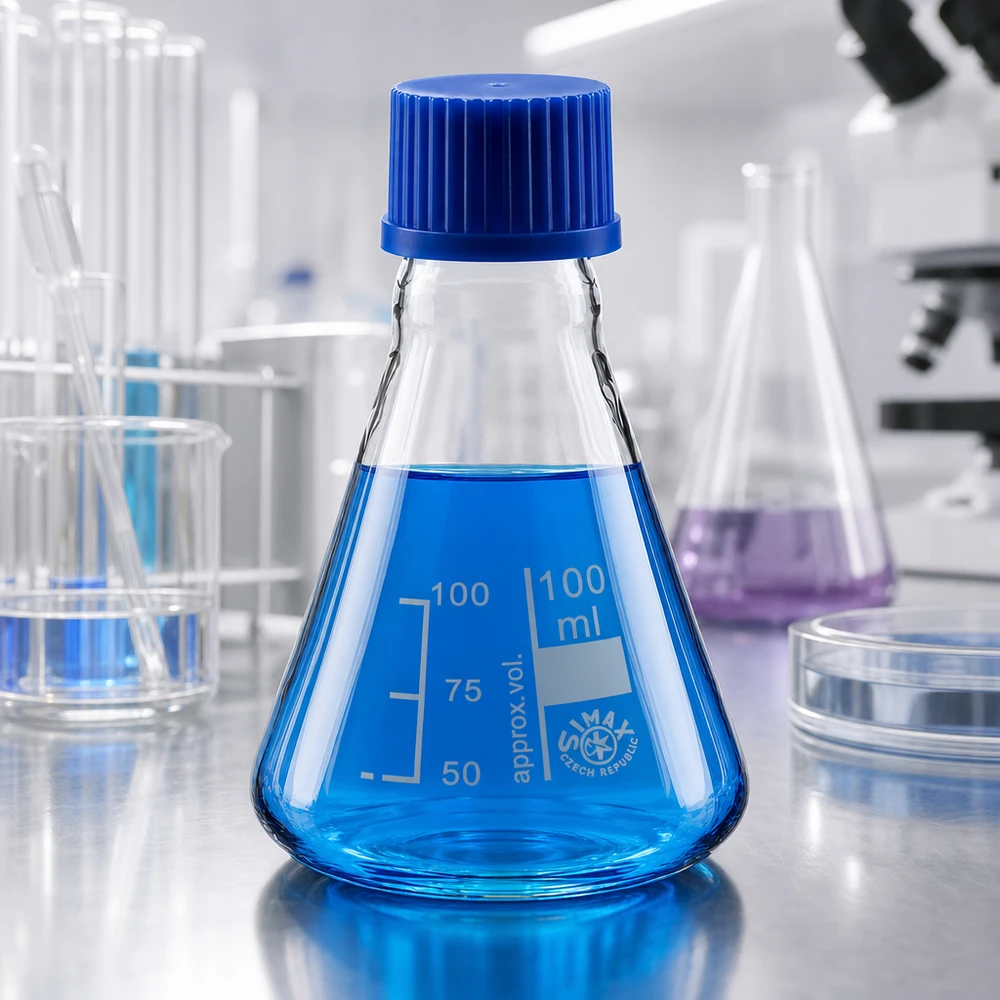 Kolba Erlenmeyera 100 ml z zakrętką Szkło laboratoryjne Kolba Erlenmeyera 100 ml z niebieskim korkiem do eksperymentów chemicznych