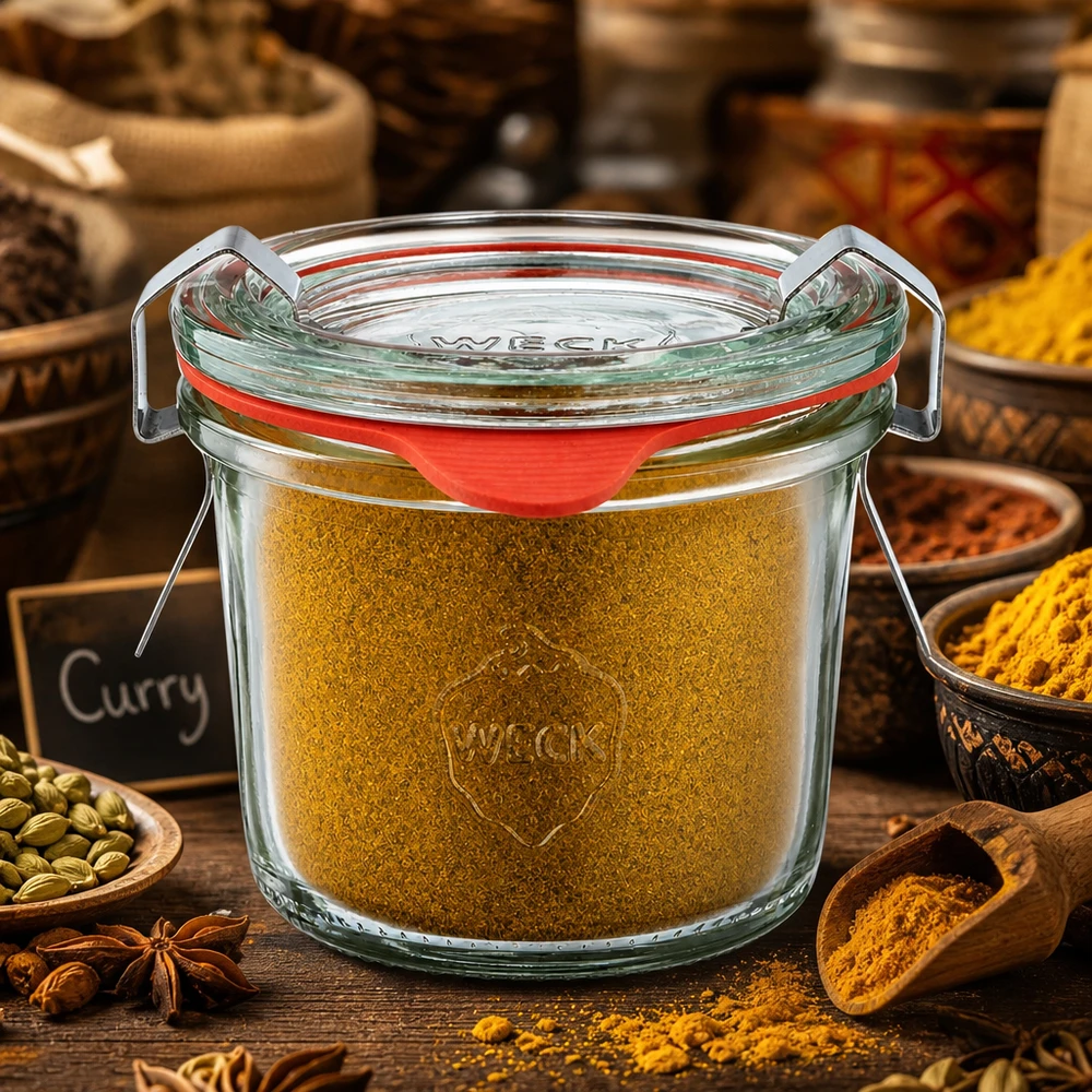 Słoik na przyprawy Pomysł: Mini słoik WECK 80 ml Słoik WECK o pojemności 80 ml, wypełniony proszkiem curry, otoczony kolorowymi przyprawami na drewnianym stole