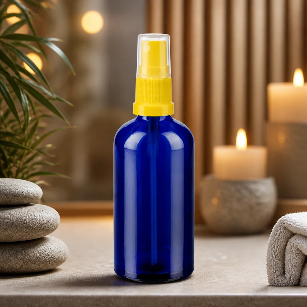 100 ml butelka ze spryskiwaczem żółta/przezroczysta STD BlueLine UT18/100 Poręczna szklana butelka o pojemności 100 ml z pompką rozpylającą, idealna do kosmetyków DIY i sprayów do pomieszczeń