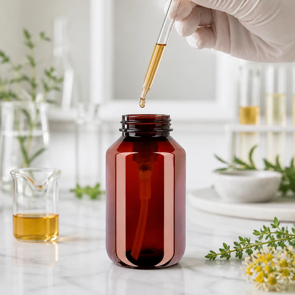 Nachfüllbare 100ml Flasche bernstein PET mit weisser Pumpe für Kosmetikherstellung