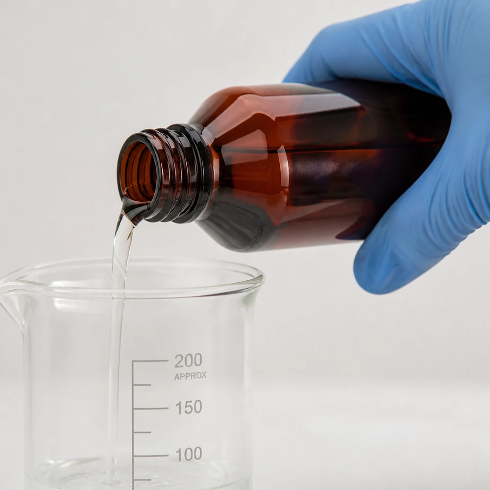 Butelka PET 200 ml z brązową nakrętką Standard Braune PET Flasche 200ml Standardverschluss wird über 200ml Messbehälter ausgegossen