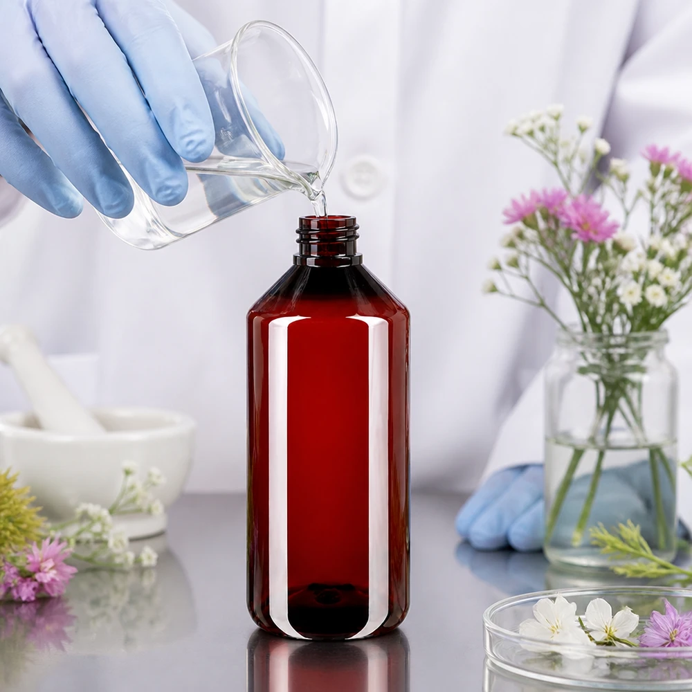 Czerwono-brązową butelkę PET o pojemności 1000 ml napełnia się ręcznie przezroczystym płynem, mając na rękach rękawiczki laboratoryjne